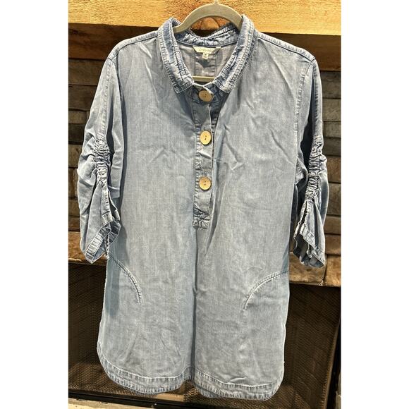 JOHN MARK Chambray Shift Dress Sz M Blue 1/2 Button Gathered Sleeve Pockets *C2 - Picture 1 of 6